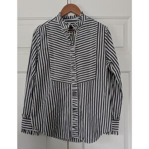 J. Crew Blue and White Striped Ruffle Trim Tuxedo Shirt